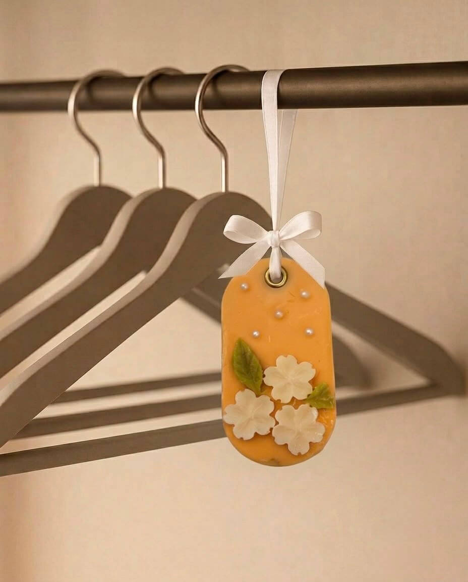 A decorative fragrance yellow garment tag with white flowers, green leaves, and a white ribbon bow hanging from a clothing rack bar.